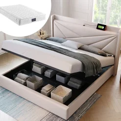 Lit coffre 140 x 200 cm - Lit double capitonné avec sommier à lattes et charge USB Type C - Coton et métal - avec Matelas - Beige>Okwish Online