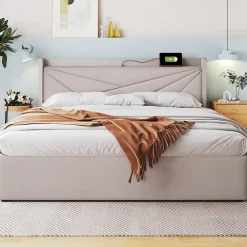 Lit coffre 140 x 200 cm - Lit double capitonné avec sommier à lattes et charge USB Type C - Coton et métal - avec Matelas - Beige>Okwish Online