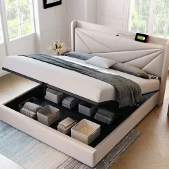 Lit coffre 140 x 200 cm - Lit double capitonné avec sommier à lattes et charge USB Type C - Coton et métal - avec Matelas - Beige><noscript><img width=