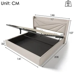 Lit coffre 140 x 200 cm - Lit double capitonné avec sommier à lattes et charge USB Type C - Coton et métal - avec Matelas - Beige><noscript><img width=