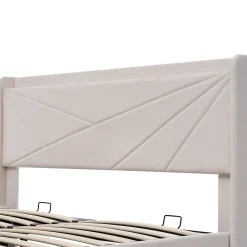 Lit coffre 140 x 200 cm - Lit double capitonné avec sommier à lattes et charge USB Type C - Coton et métal - avec Matelas - Beige><noscript><img width=