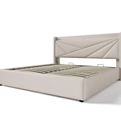 Lit coffre 140 x 200 cm - Lit double capitonné avec sommier à lattes et charge USB Type C - Coton et métal - avec Matelas - Beige><noscript><img width=