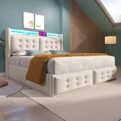 Lit Coffre 140 x 200 Cm - Lit Double avec Tête de Lit LED et Charge USB C - Bois, Coton, Métal - Sans Matelas - Beige>Okwish Clearance