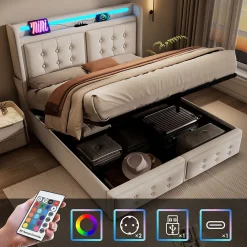 Lit Coffre 140 x 200 Cm - Lit Double avec Tête de Lit LED et Charge USB C - Bois, Coton, Métal - Sans Matelas - Beige><noscript><img width=