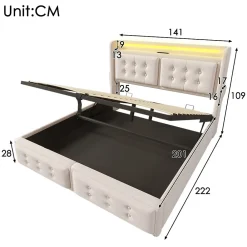 Lit Coffre 140 x 200 Cm - Lit Double avec Tête de Lit LED et Charge USB C - Bois, Coton, Métal - Sans Matelas - Beige><noscript><img width=
