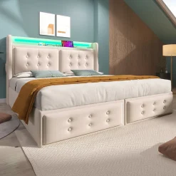 Lit Coffre 140 x 200 Cm - Lit Double avec Tête de Lit LED et Charge USB C - Bois, Coton, Métal - Sans Matelas - Beige><noscript><img width=