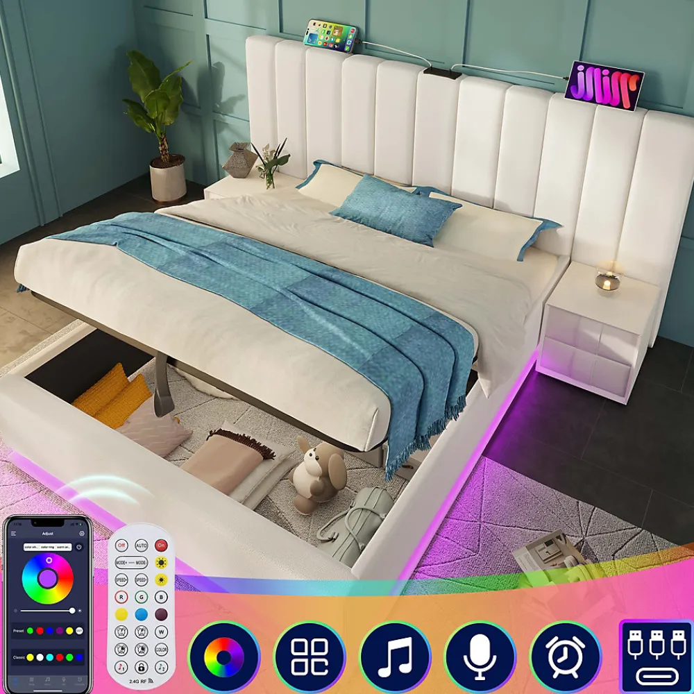 Lit Coffre 160 x 200 Cm - Lit Double Capitonné avec LED et Charge USB-C - Métal, PU, Bois Massif - Sans Matelas - Blanc>Generique Hot