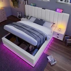 Lit Coffre 160 x 200 Cm - Lit Double Capitonné avec LED et Charge USB-C - Métal, PU, Bois Massif - Sans Matelas - Blanc>Generique Hot