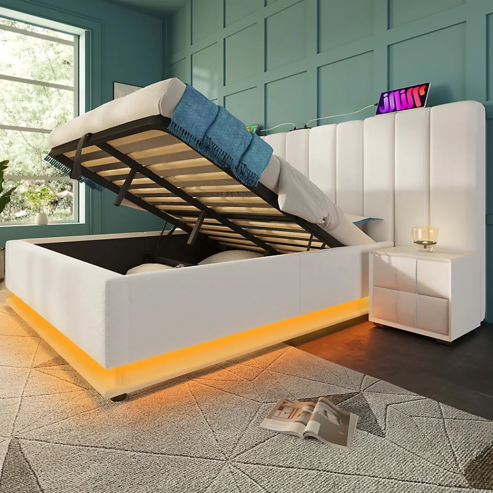 Lit Coffre 160 x 200 Cm - Lit Double Capitonné avec LED et Charge USB-C - Métal, PU, Bois Massif - Sans Matelas - Blanc>Generique Hot