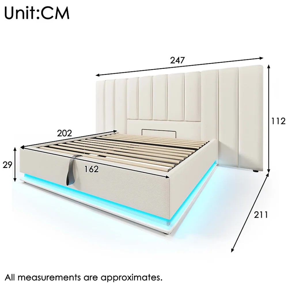 Lit Coffre 160 x 200 Cm - Lit Double Capitonné avec LED et Charge USB-C - Métal, PU, Bois Massif - Sans Matelas - Blanc>Generique Hot