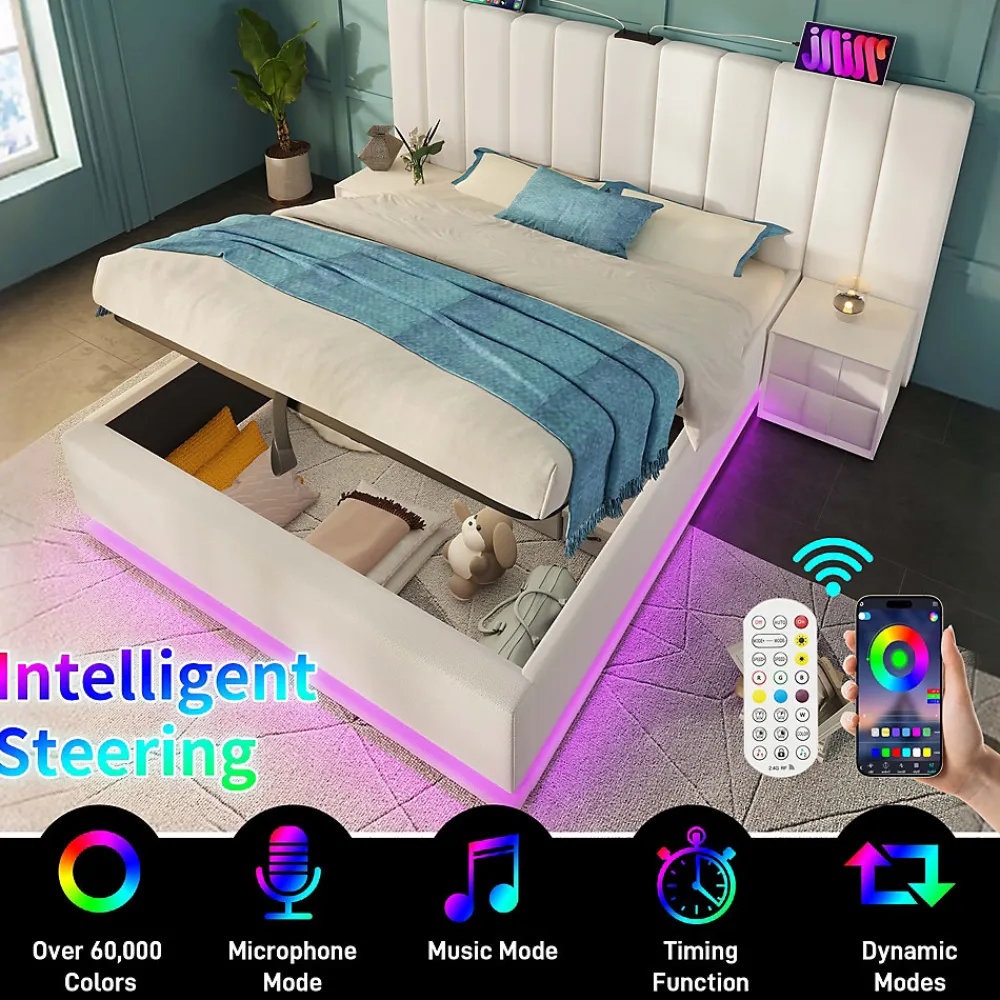 Lit Coffre 160 x 200 Cm - Lit Double Capitonné avec LED et Charge USB-C - Métal, PU, Bois Massif - Sans Matelas - Blanc>Generique Hot