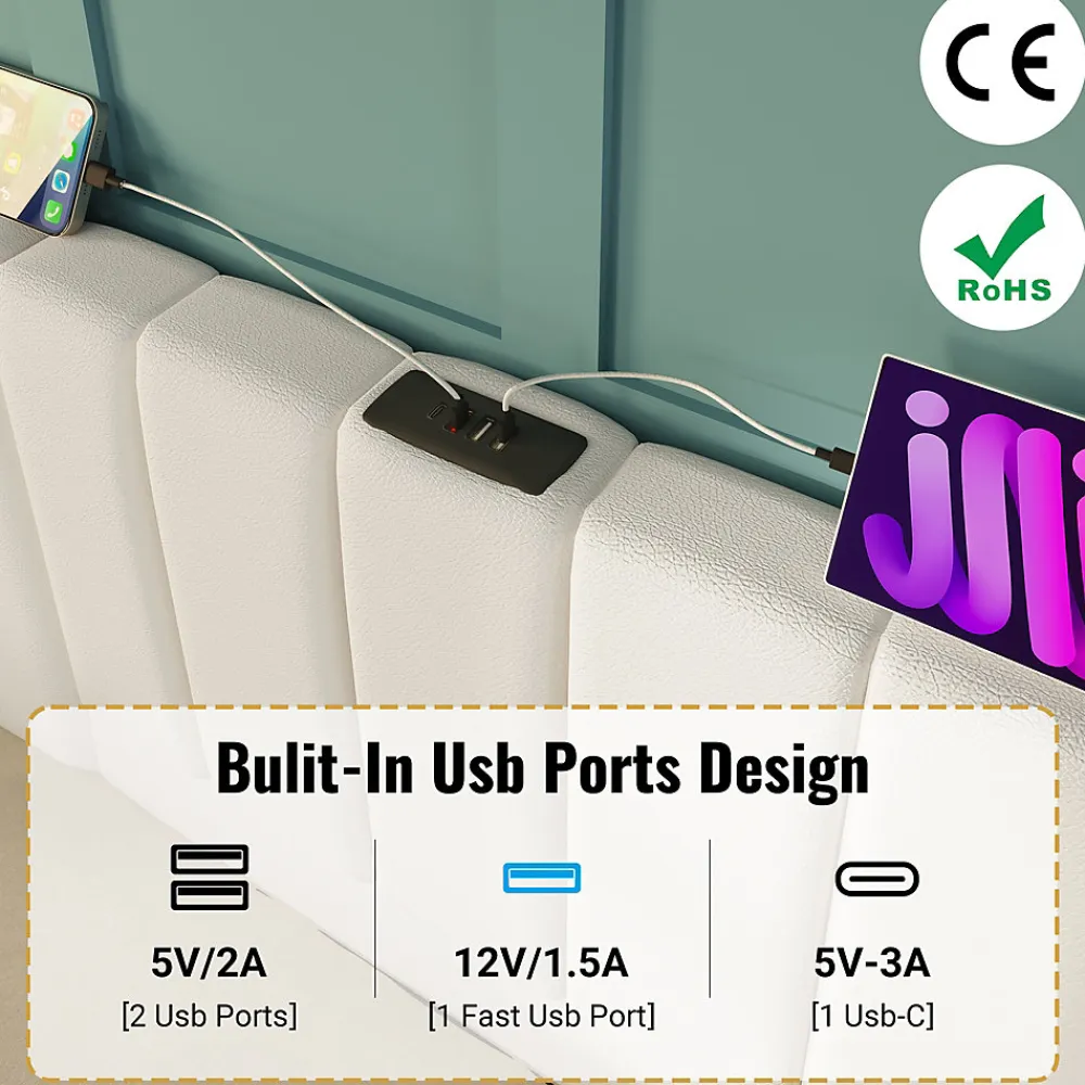 Lit Coffre 160 x 200 Cm - Lit Double Capitonné avec LED et Charge USB-C - Métal, PU, Bois Massif - Sans Matelas - Blanc>Generique Hot