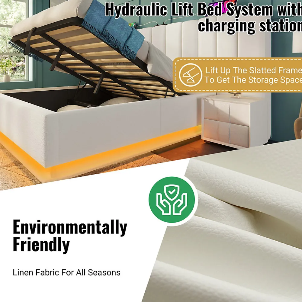 Lit Coffre 160 x 200 Cm - Lit Double Capitonné avec LED et Charge USB-C - Métal, PU, Bois Massif - Sans Matelas - Blanc>Generique Hot