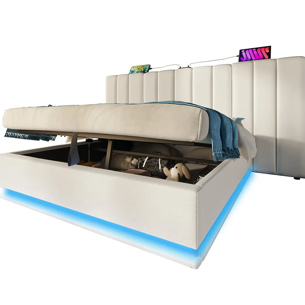Lit Coffre 160 x 200 Cm - Lit Double Capitonné avec LED et Charge USB-C - Métal, PU, Bois Massif - Sans Matelas - Blanc>Generique Hot