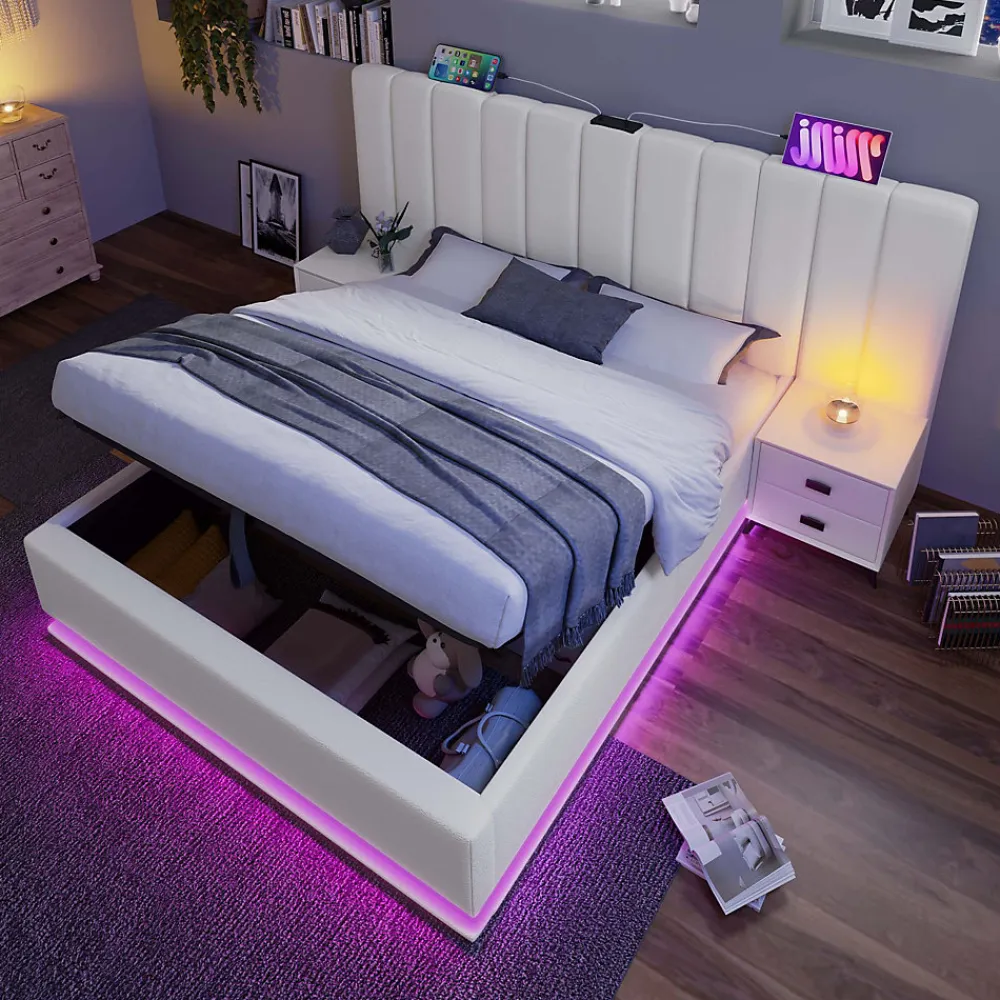 Lit Coffre 180 x 200 Cm - Lit Double avec LED et Charge USB-C - Métal, Similicuir, Bois Massif - Sans Matelas - Blanc>Generique Outlet