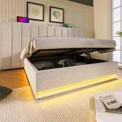 Lit Coffre 160 x 200 Cm - Lit Double avec LED et Charge USB-C - Métal, Lin, Bois Massif - Sans Matelas - Beige><noscript><img width=