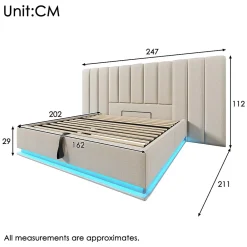 Lit Coffre 160 x 200 Cm - Lit Double avec LED et Charge USB-C - Métal, Lin, Bois Massif - Sans Matelas - Beige><noscript><img width=