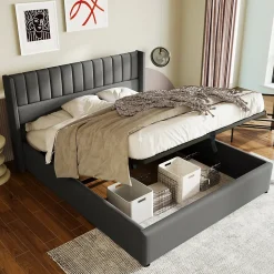 Generique Lit coffre 140 x 200 cm - Lit Double avec Sommier à Lattes - Lin Bois Métal - Sans Matelas - Gris* Lit Coffre