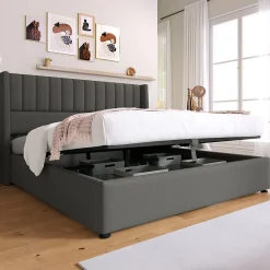 Generique Lit coffre 140 x 200 cm - Lit Double avec Sommier à Lattes - Lin Bois Métal - Sans Matelas - Gris* Lit Coffre