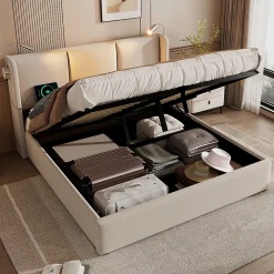 Lit Coffre 160 x 200 Cm - Lit Double avec Lampe de Lecture et Charge USB - Bois Massif et PU - Sans Matelas - Beige>Okwish Best