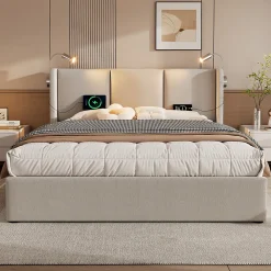 Lit Coffre 160 x 200 Cm - Lit Double avec Lampe de Lecture et Charge USB - Bois Massif et PU - Sans Matelas - Beige><noscript><img width=