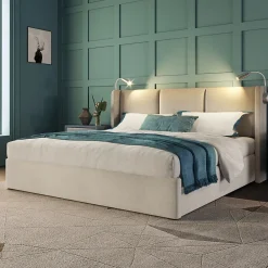 Lit Coffre 160 x 200 Cm - Lit Double avec Lampe de Lecture et Charge USB - Bois Massif et PU - Sans Matelas - Beige><noscript><img width=