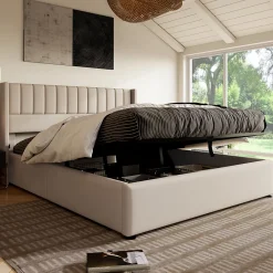 Lit coffre 160 x 200 cm - Lit Double avec Sommier à Lattes - Lin Bois Métal - Sans Matelas - Beige>Okwish Hot