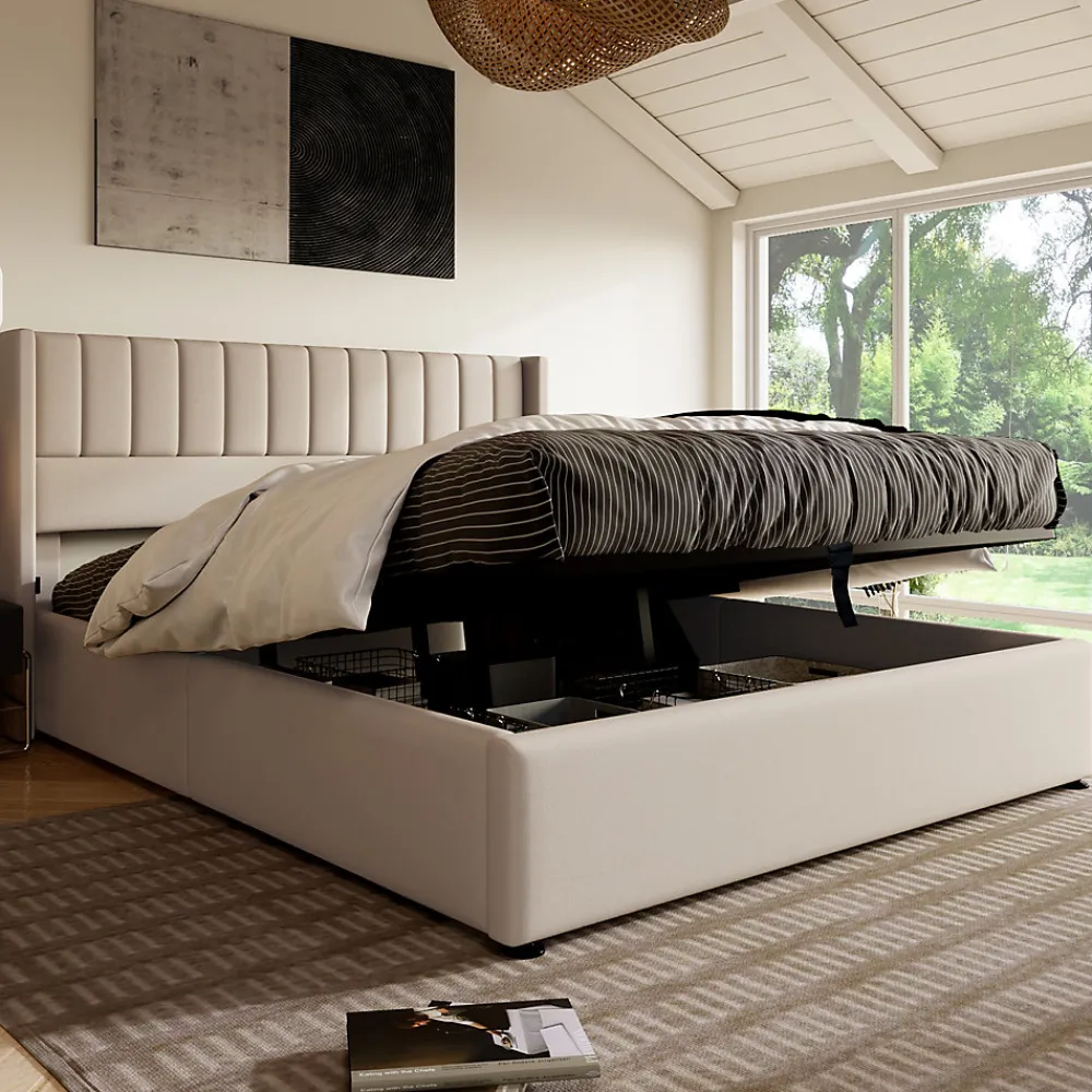Lit coffre 160 x 200 cm - Lit Double avec Sommier à Lattes - Lin Bois Métal - Sans Matelas - Beige>Okwish Hot