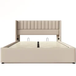 Lit coffre 160 x 200 cm - Lit Double avec Sommier à Lattes - Lin Bois Métal - Sans Matelas - Beige><noscript><img width=