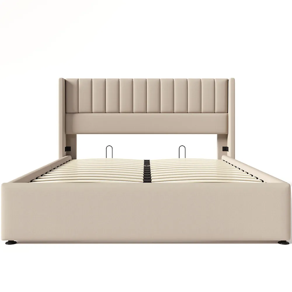 Lit coffre 160 x 200 cm - Lit Double avec Sommier à Lattes - Lin Bois Métal - Sans Matelas - Beige>Okwish Hot