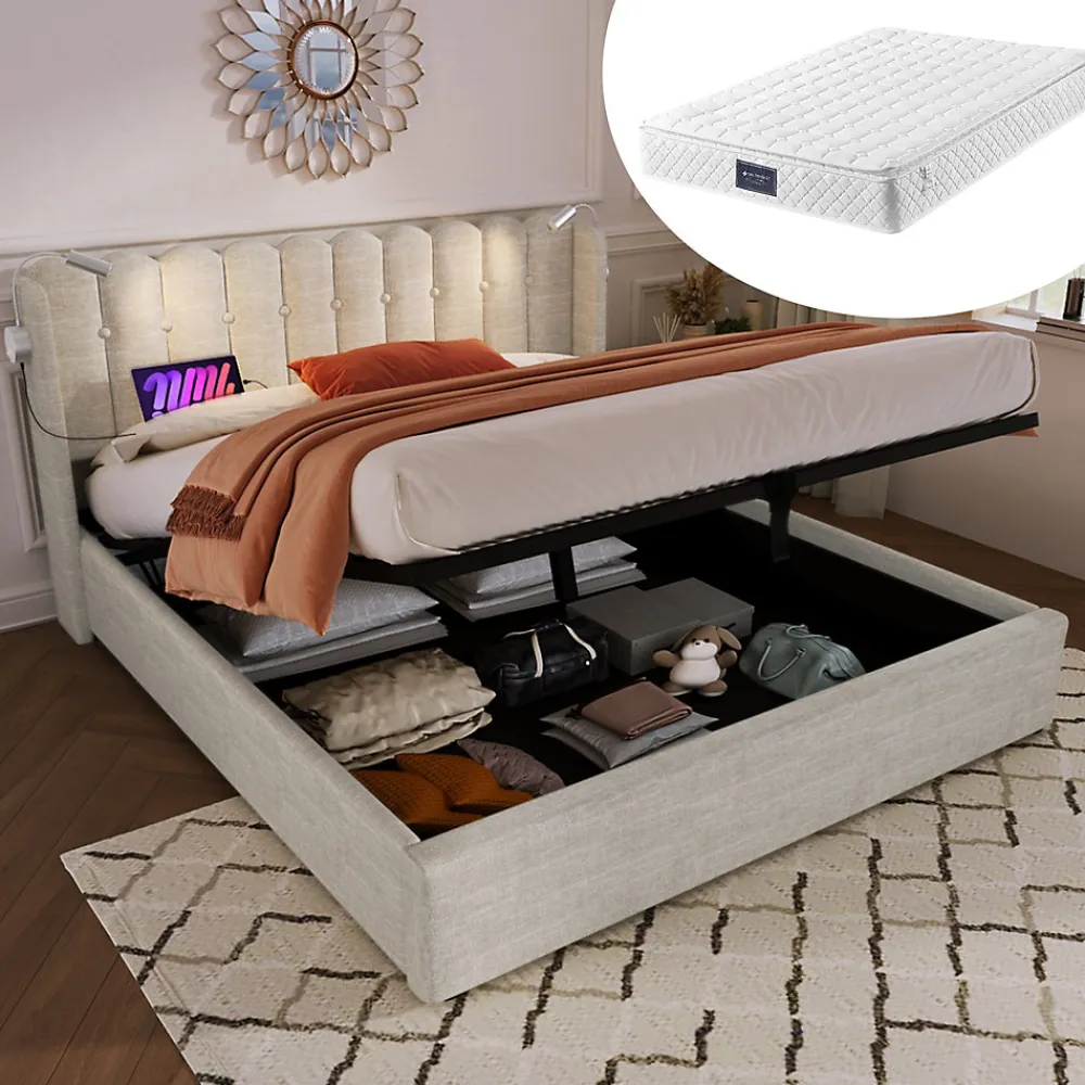 Lit Coffre 160 x 200 Cm - Lit Double avec Lampe de Lecture et Ports USB - Lin - Sans Matelas - Beige>Okwish New