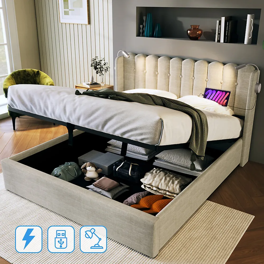 Lit Coffre 160 x 200 Cm - Lit Double avec Lampe de Lecture et Ports USB - Lin - Sans Matelas - Beige>Okwish New