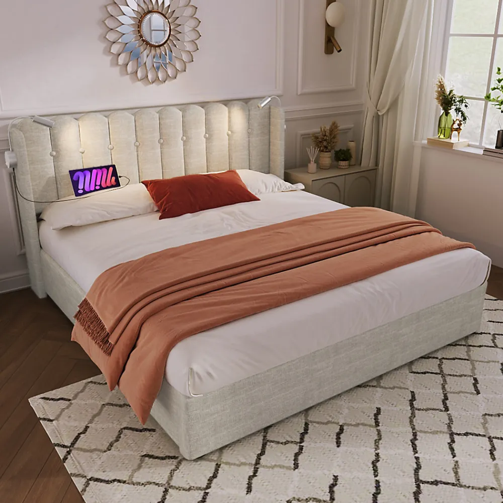 Lit Coffre 160 x 200 Cm - Lit Double avec Lampe de Lecture et Ports USB - Lin - Sans Matelas - Beige>Okwish New
