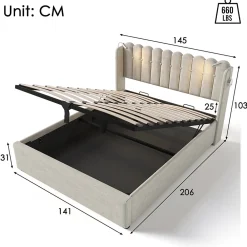 Lit Coffre 160 x 200 Cm - Lit Double avec Lampe de Lecture et Ports USB - Lin - Sans Matelas - Beige><noscript><img width=
