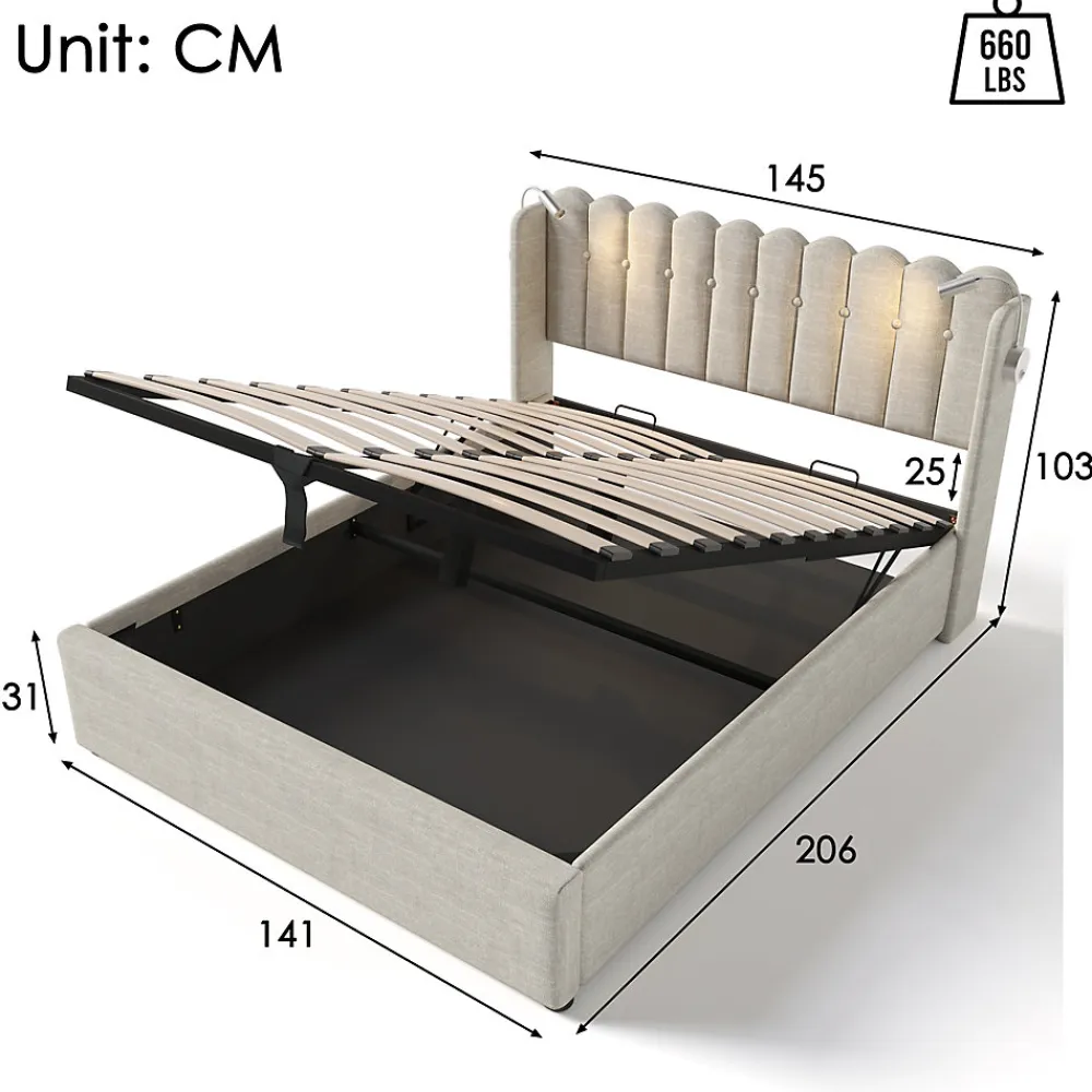 Lit Coffre 160 x 200 Cm - Lit Double avec Lampe de Lecture et Ports USB - Lin - Sans Matelas - Beige>Okwish New