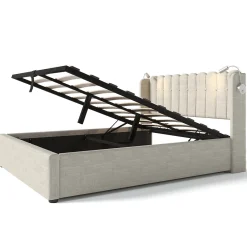 Lit Coffre 160 x 200 Cm - Lit Double avec Lampe de Lecture et Ports USB - Lin - Sans Matelas - Beige><noscript><img width=