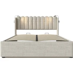 Lit Coffre 160 x 200 Cm - Lit Double avec Lampe de Lecture et Ports USB - Lin - Sans Matelas - Beige><noscript><img width=