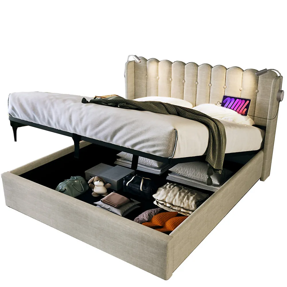 Lit Coffre 160 x 200 Cm - Lit Double avec Lampe de Lecture et Ports USB - Lin - Sans Matelas - Beige>Okwish New