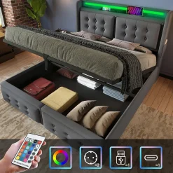 Lit Coffre 160 x 200 Cm - Lit Double avec Tête de Lit LED et Charge USB C - Bois, Coton, Métal - avec Matelas - Gris><noscript><img width=