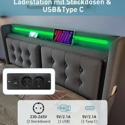 Lit Coffre 160 x 200 Cm - Lit Double avec Tête de Lit LED et Charge USB C - Bois, Coton, Métal - avec Matelas - Gris><noscript><img width=