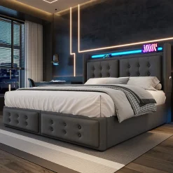 Lit Coffre 160 x 200 Cm - Lit Double avec Tête de Lit LED et Charge USB C - Bois, Coton, Métal - avec Matelas - Gris><noscript><img width=