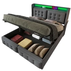 Lit Coffre 160 x 200 Cm - Lit Double avec Tête de Lit LED et Charge USB C - Bois, Coton, Métal - avec Matelas - Gris><noscript><img width=