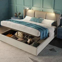 Okwish Lit Coffre 140 x 200 Cm - Lit Double avec Lampe de Lecture et Charge USB - Bois Massif et Lin - Sans Matelas - Beige* Lit Coffre