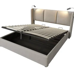 Okwish Lit Coffre 140 x 200 Cm - Lit Double avec Lampe de Lecture et Charge USB - Bois Massif et Lin - Sans Matelas - Beige* Lit Coffre