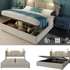 Okwish Lit Coffre 140 x 200 Cm - Lit Double avec Lampe de Lecture et Charge USB - Bois Massif et Lin - Sans Matelas - Beige* Lit Coffre