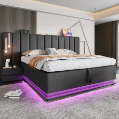 Generique Lit Coffre 160 x 200 Cm - Lit Double avec LED et Charge USB-C - Métal, Lin, Bois Massif - Sans Matelas - Gris* Lit Coffre