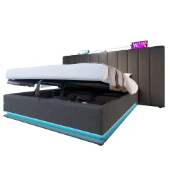 Generique Lit Coffre 160 x 200 Cm - Lit Double avec LED et Charge USB-C - Métal, Lin, Bois Massif - Sans Matelas - Gris* Lit Coffre