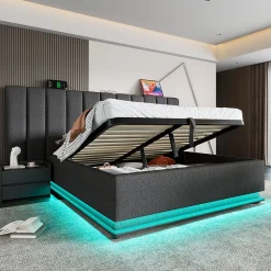 Generique Lit Coffre 160 x 200 Cm - Lit Double avec LED et Charge USB-C - Métal, Lin, Bois Massif - Sans Matelas - Gris* Lit Coffre