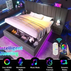 Generique Lit Coffre 160 x 200 Cm - Lit Double avec LED et Charge USB-C - Métal, Lin, Bois Massif - Sans Matelas - Gris* Lit Coffre