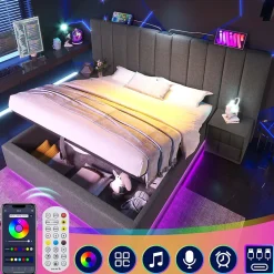 Generique Lit Coffre 160 x 200 Cm - Lit Double avec LED et Charge USB-C - Métal, Lin, Bois Massif - Sans Matelas - Gris* Lit Coffre